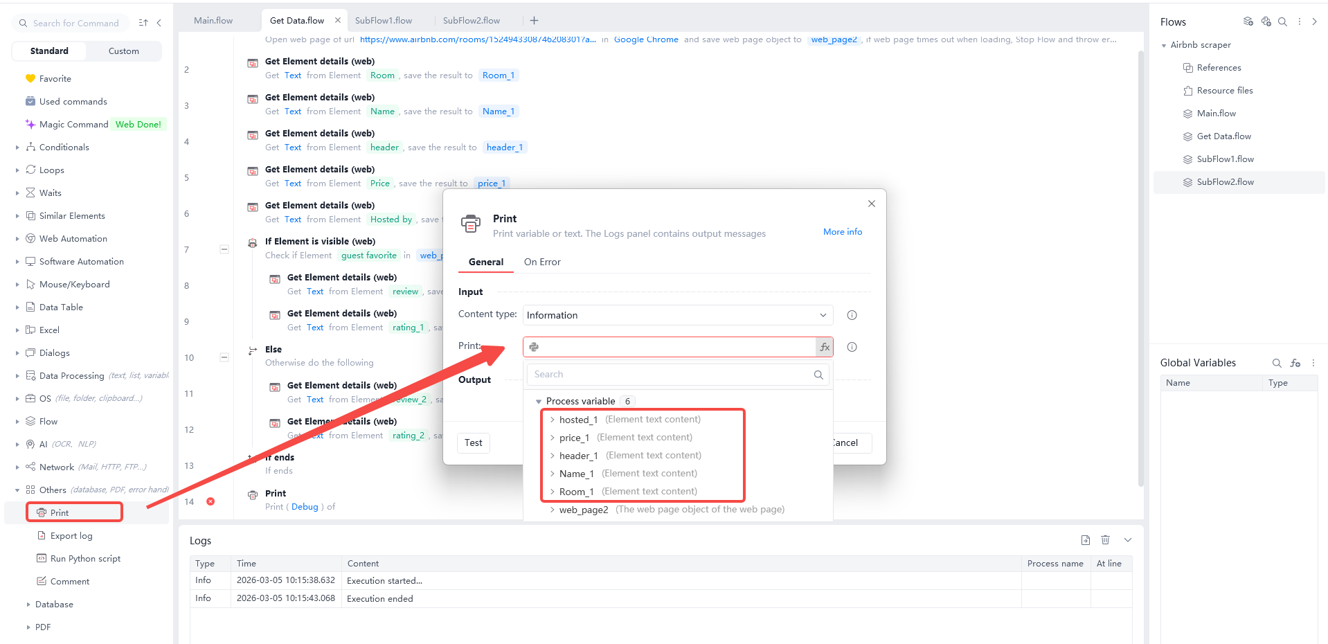 Configuring the 'Print' command in Automa to log scraped Airbnb variables including property name, price, host, and room details for verification.