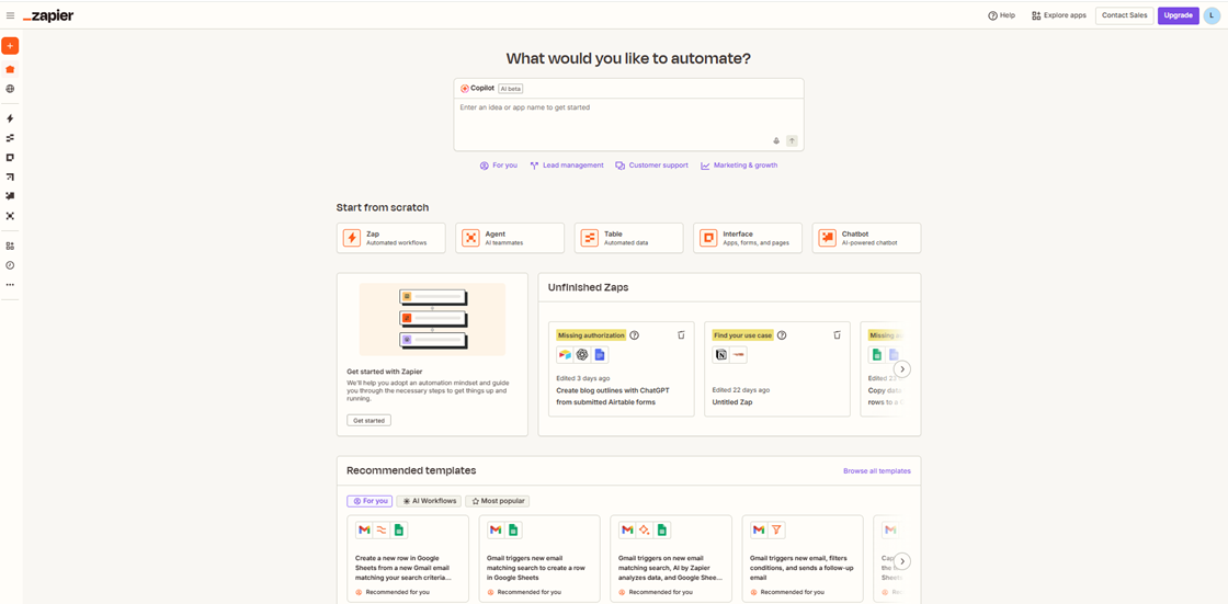 Zapier user dashboard showing Zap templates for a cloud-based UiPath alternative.