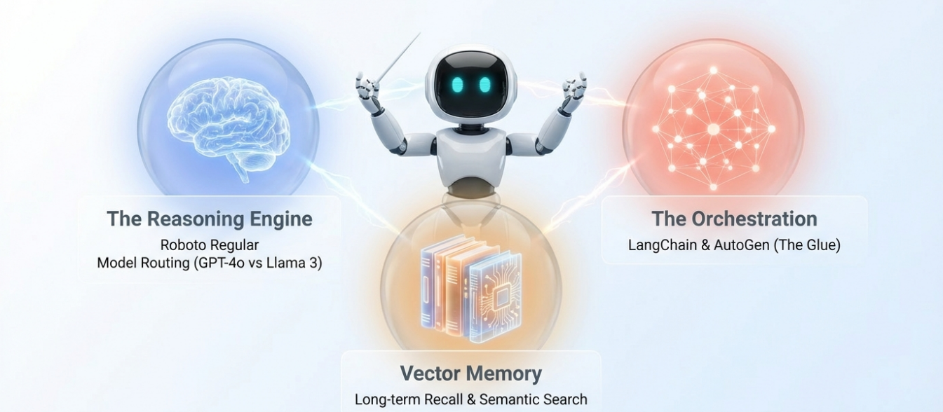 Technical architecture of agentic automation showing the Reasoning Engine, Orchestration layer using LangChain, and Vector Memory