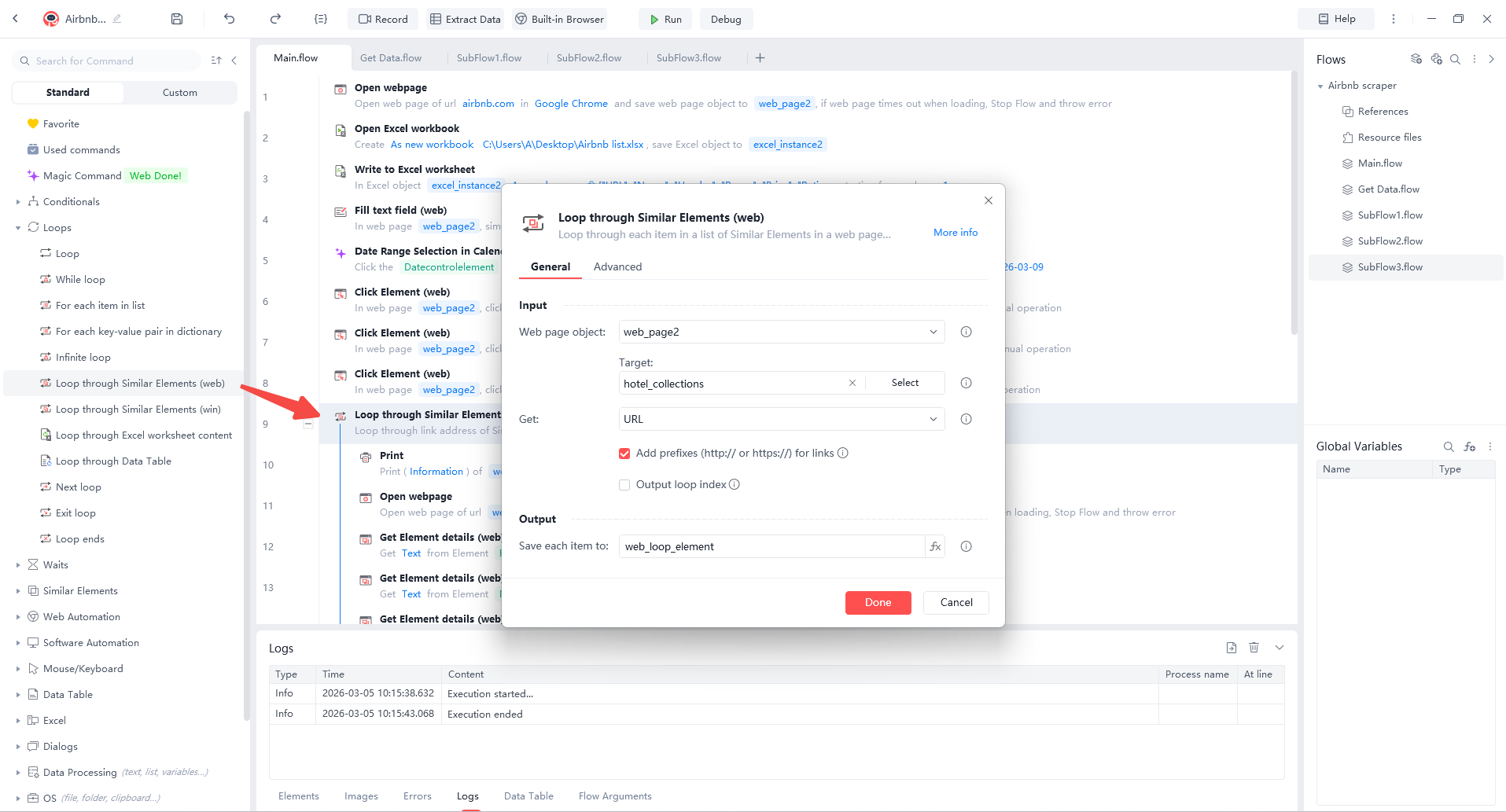 Configuring the 'Loop through Similar Elements' command in Automa to iterate through Airbnb search results and extract URLs for bulk data scraping.