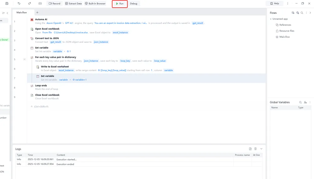 Click the Run button in Automa dashboard