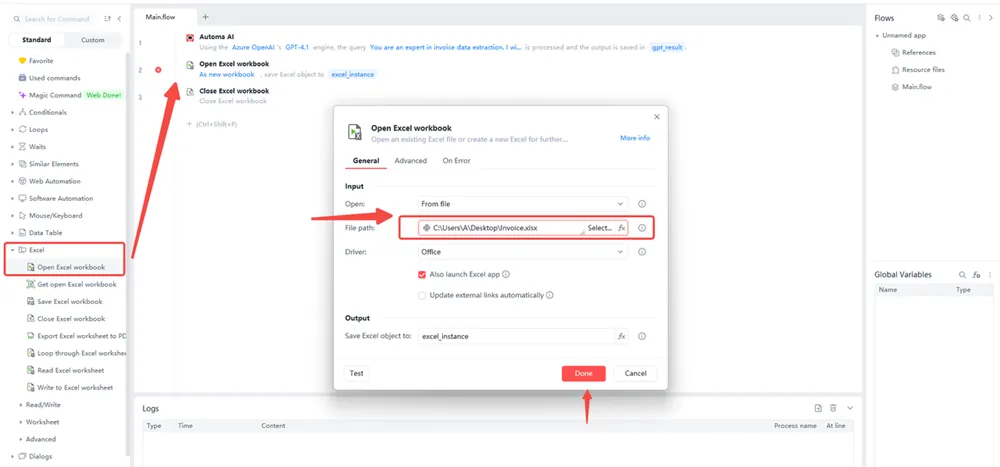 Automa Excel workflow opening an invoice file path for automated processing