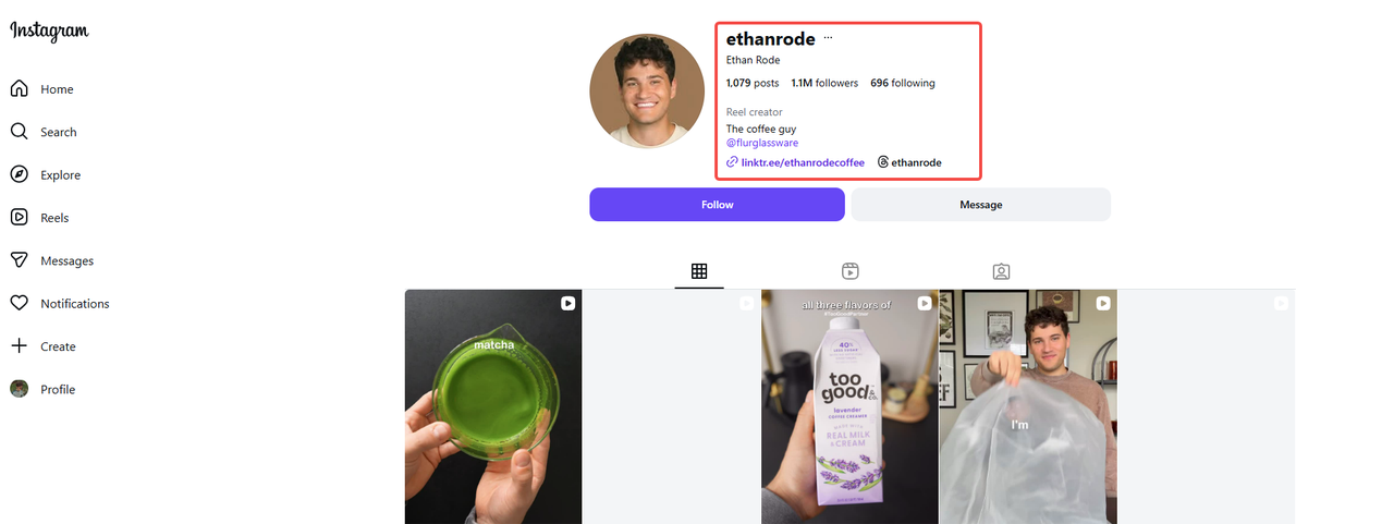 Instagram profile of 'Ethan Rode' coffee creator with follower count