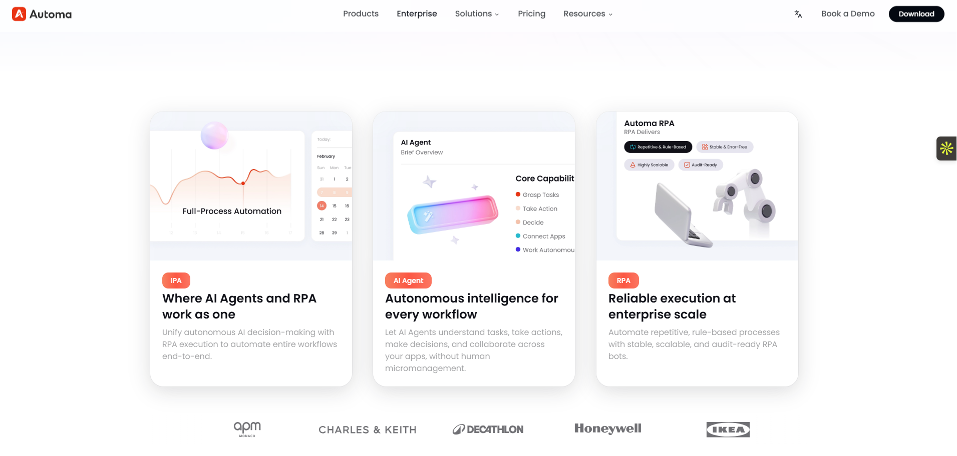 Automa dashboard showing AI agents and RPA integration, a modern Blue Prism alternative for full-process automation.