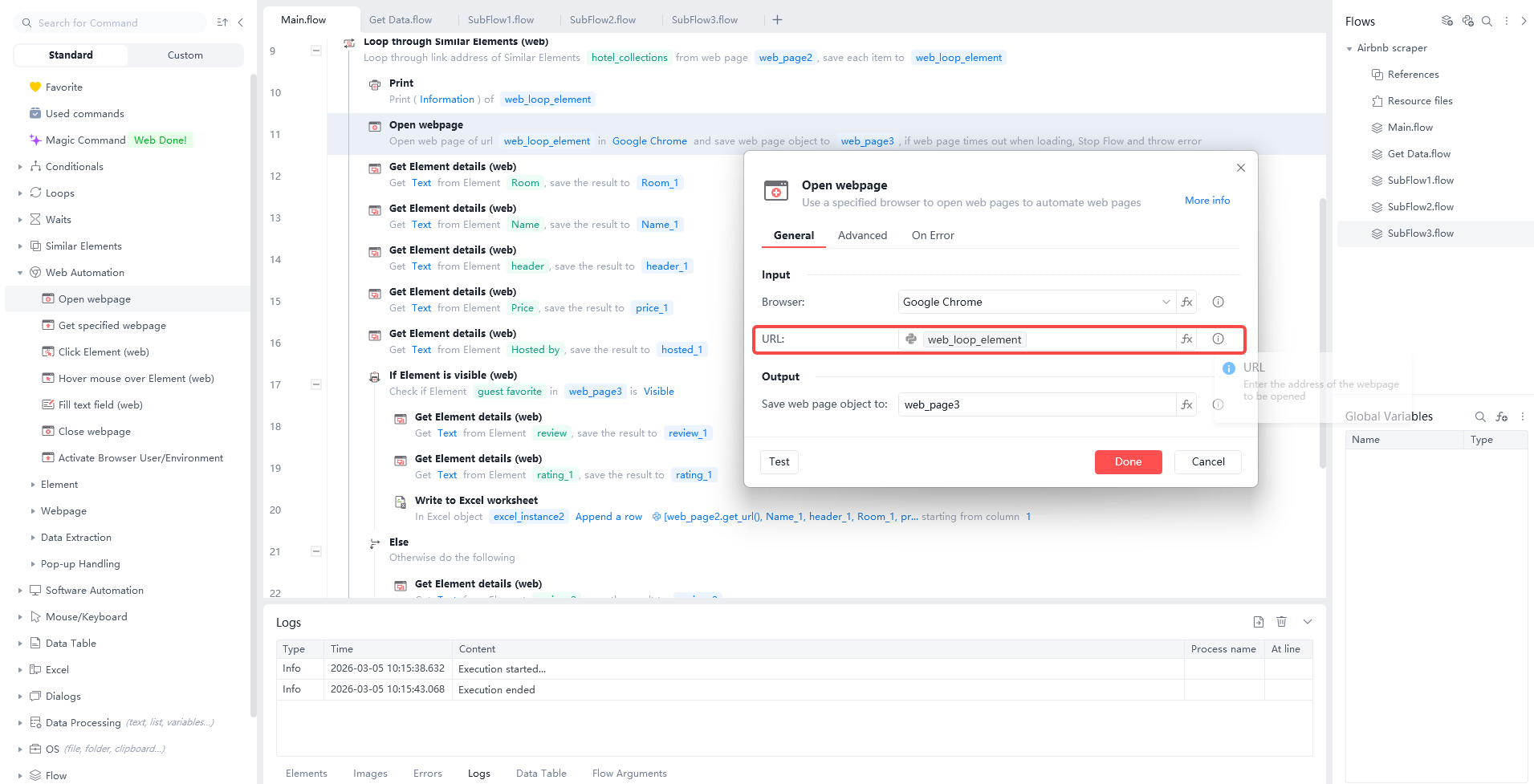 Configuring the 'Open webpage' command in Automa to use a dynamic variable for navigating to individual Airbnb listing URLs during a loop.
