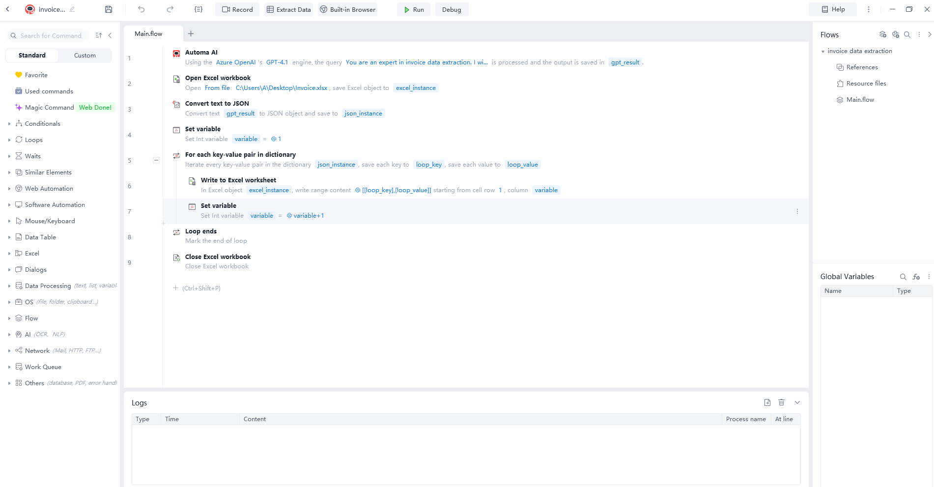 A screenshot of Automa AI dashboard showing a visual RPA workflow including invoice data extraction, Excel automation, and JSON conversion.