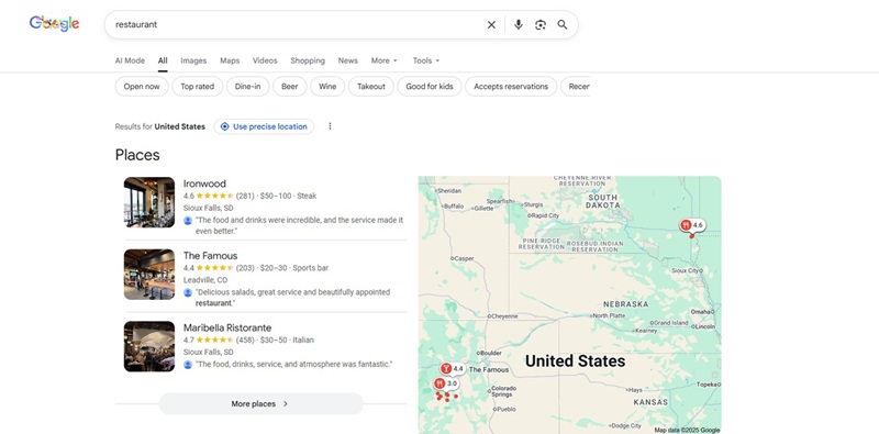 Local search map results for nearby restaurants showing reviews and locations