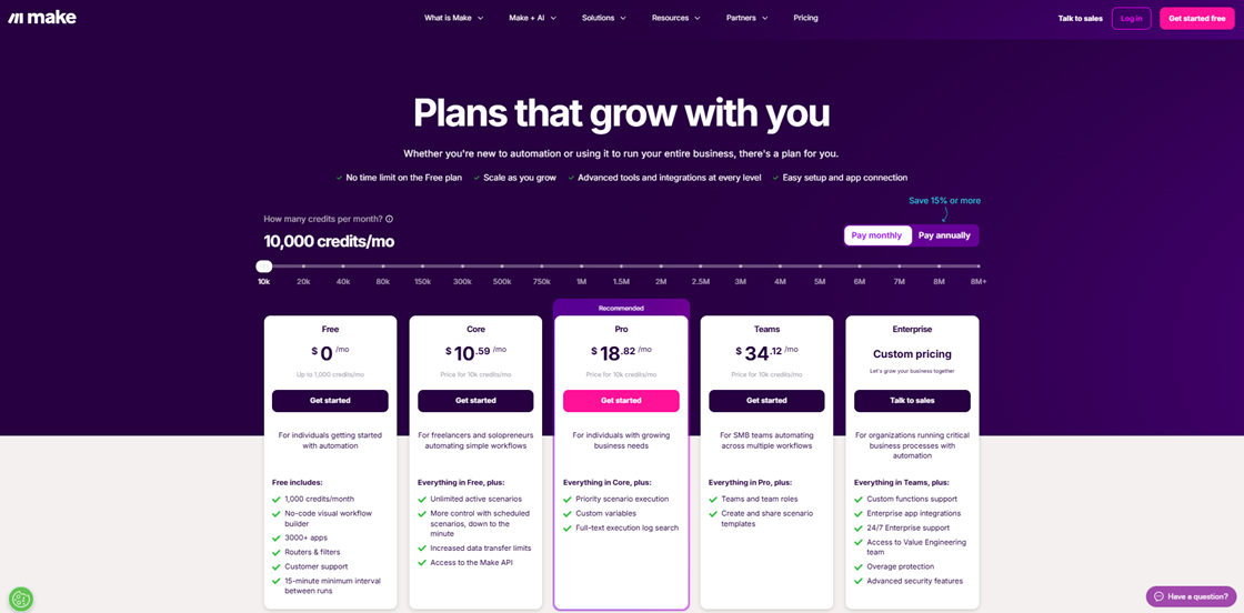 Make.com scalable pricing plans comparison, an enterprise-grade Zapier alternative that grows with your business needs.