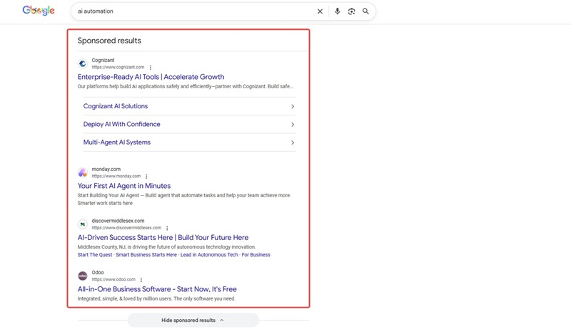 Sponsored search results for AI automation tools and enterprise solutions.