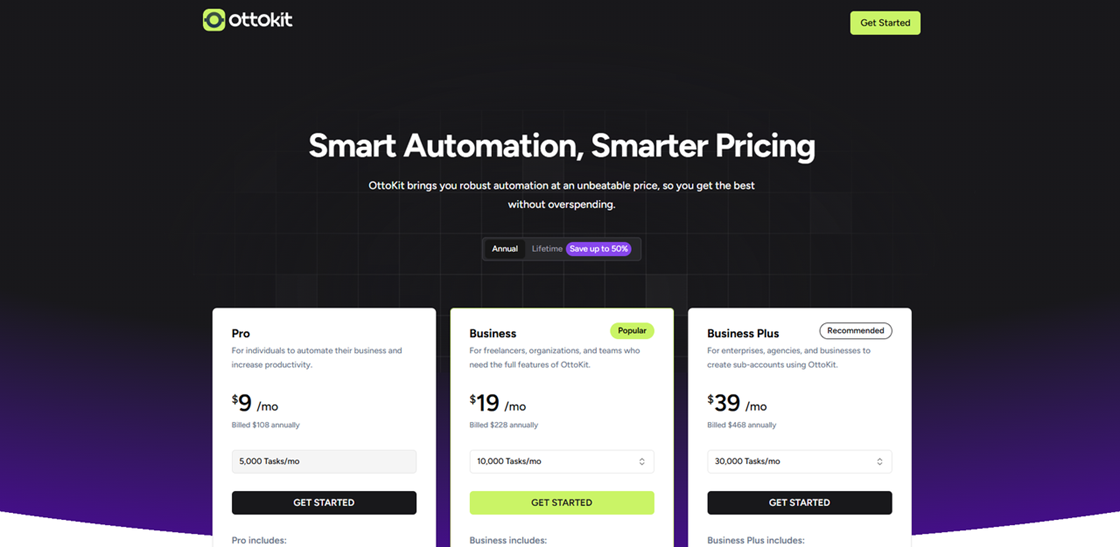 Ottokit smart automation pricing tiers including Pro and Business plans, an unbeatable and affordable Zapier alternative.