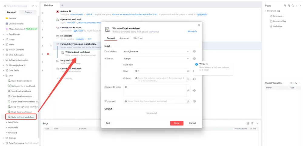 Add the write to Excel worksheet command to write the looped content into the Excel