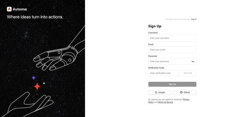 Sign up for Automa account with email password and verification code
