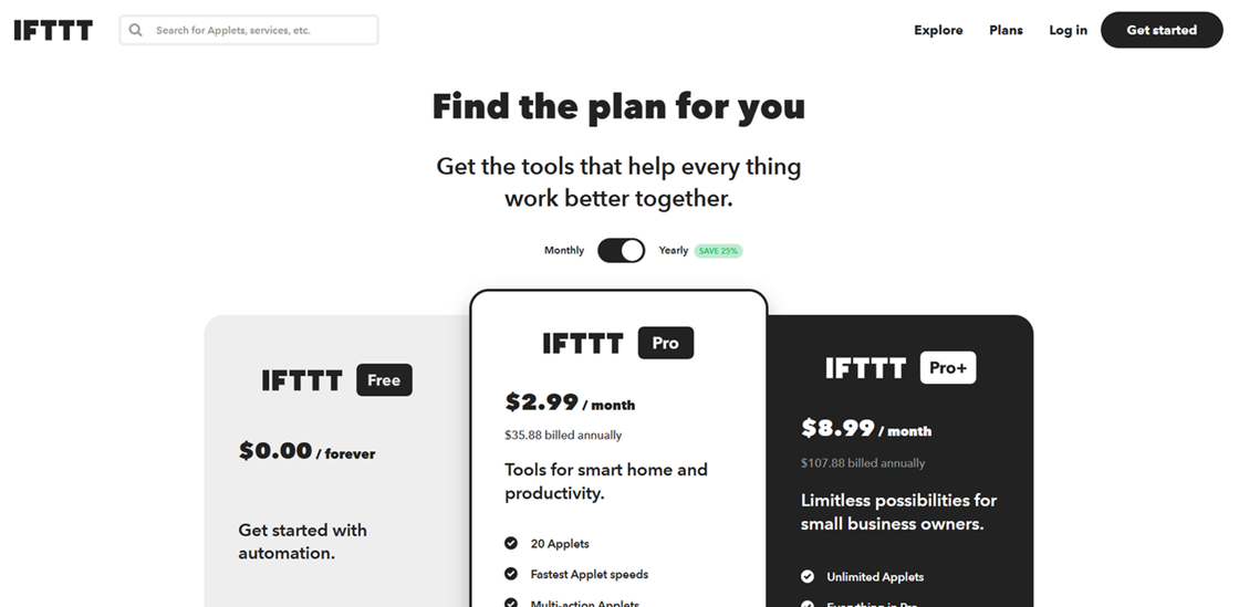 IFTTT subscription plans including Pro and Pro+ for smart home and productivity, a consumer-focused Zapier alternative.