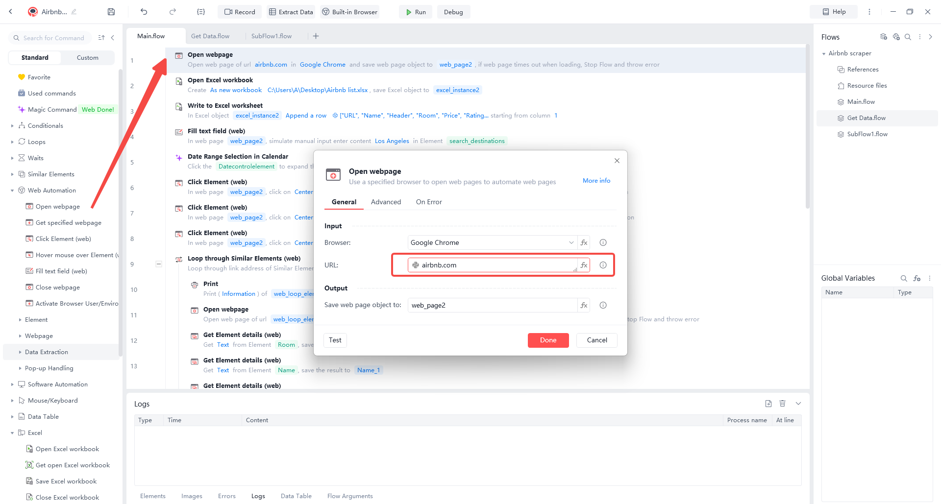 Dashboard showing an automated workflow configuration to scrape Airbnb data using an 'Open webpage' command and Excel integration.