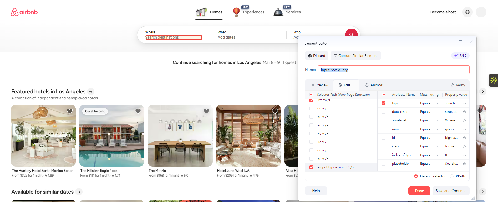 Element Editor tool selecting the search input box on the Airbnb website for automated data extraction and scraping.