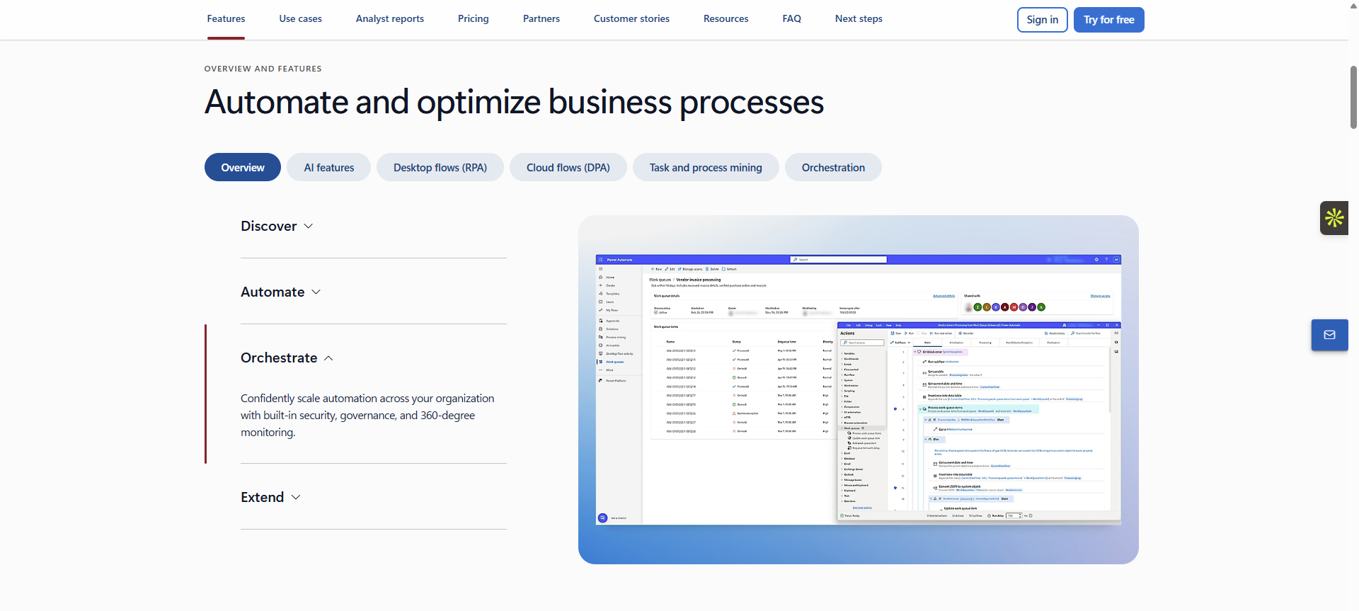Microsoft Power Automate overview screen showing business process optimization and RPA as a Blue Prism alternative.