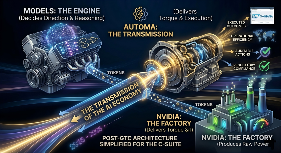 The AI economy analogy: NVIDIA as the factory, AI models as the engine, and Automa as the transmission for deterministic execution.