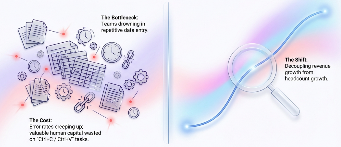 Infographic showing how RPA solves data entry bottlenecks and decouples revenue growth from headcount.