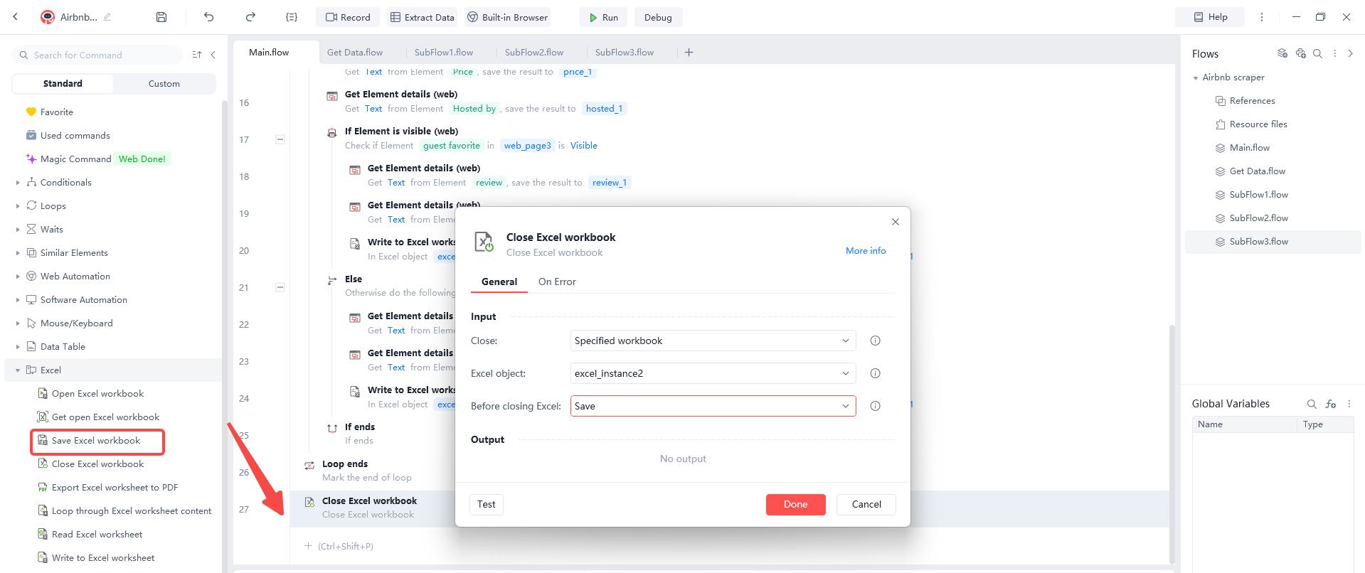 Configuring the 'Close Excel workbook' command in Automa to save all scraped Airbnb data before ending the automation process.