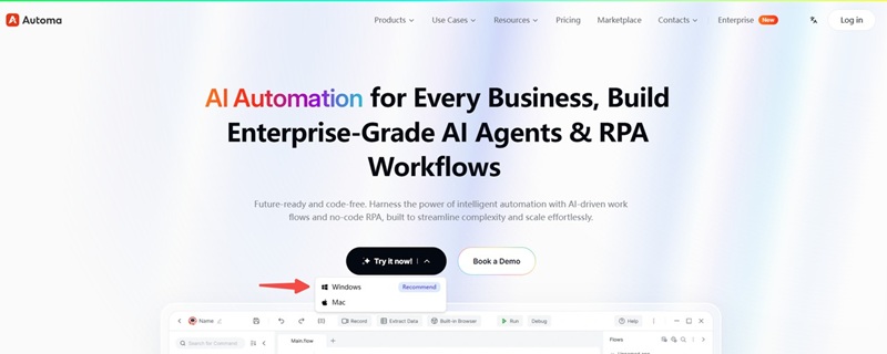 Automa AI automation software download page for windows and mac