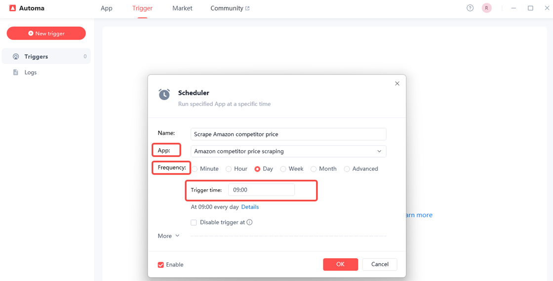 Configuring frequency and trigger time for automated scraping prices from websites on Amazon.