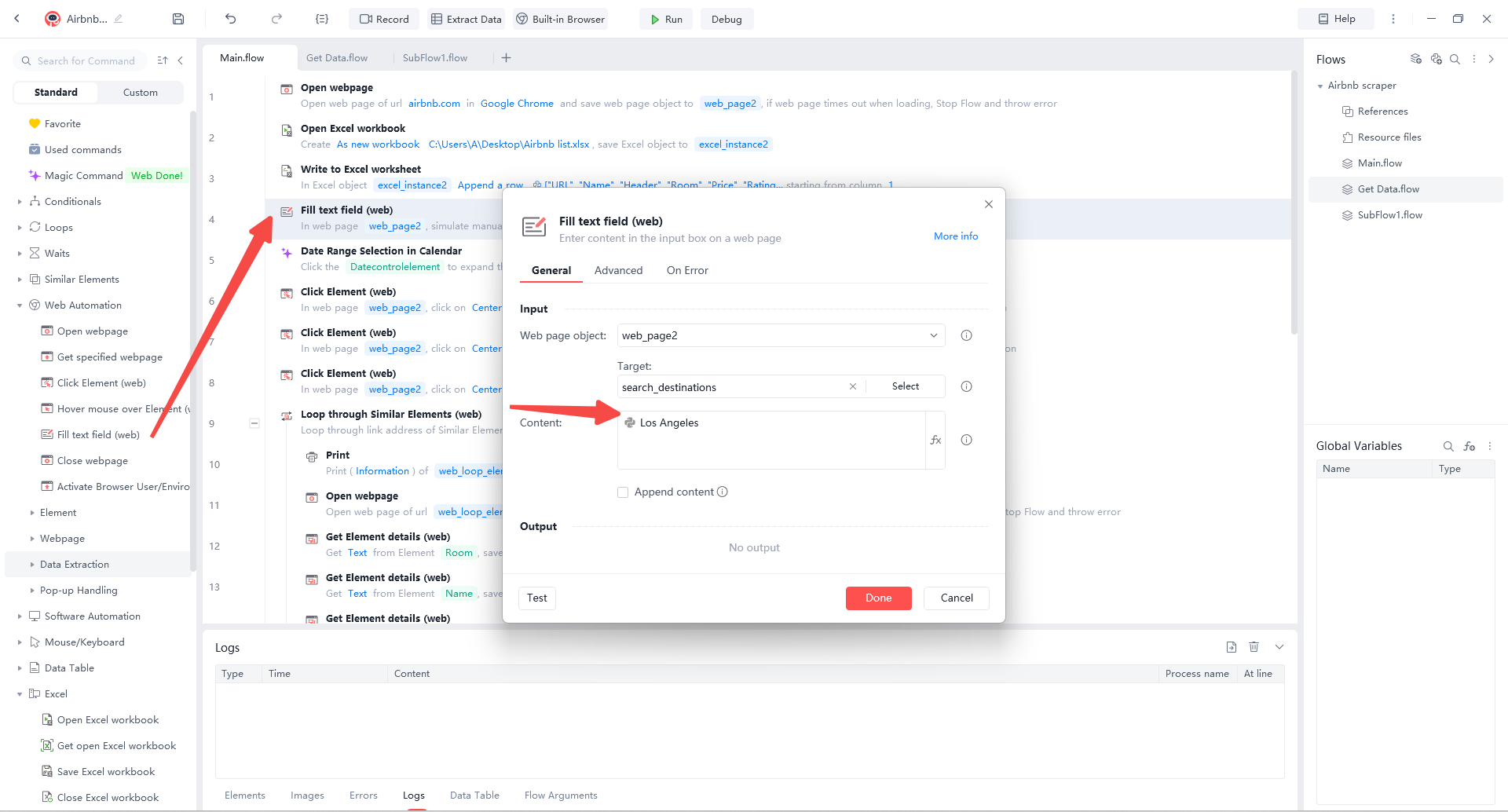 Configuring the 'Fill text field' command to automatically enter 'Los Angeles' into the Airbnb search bar during a scraping workflow.