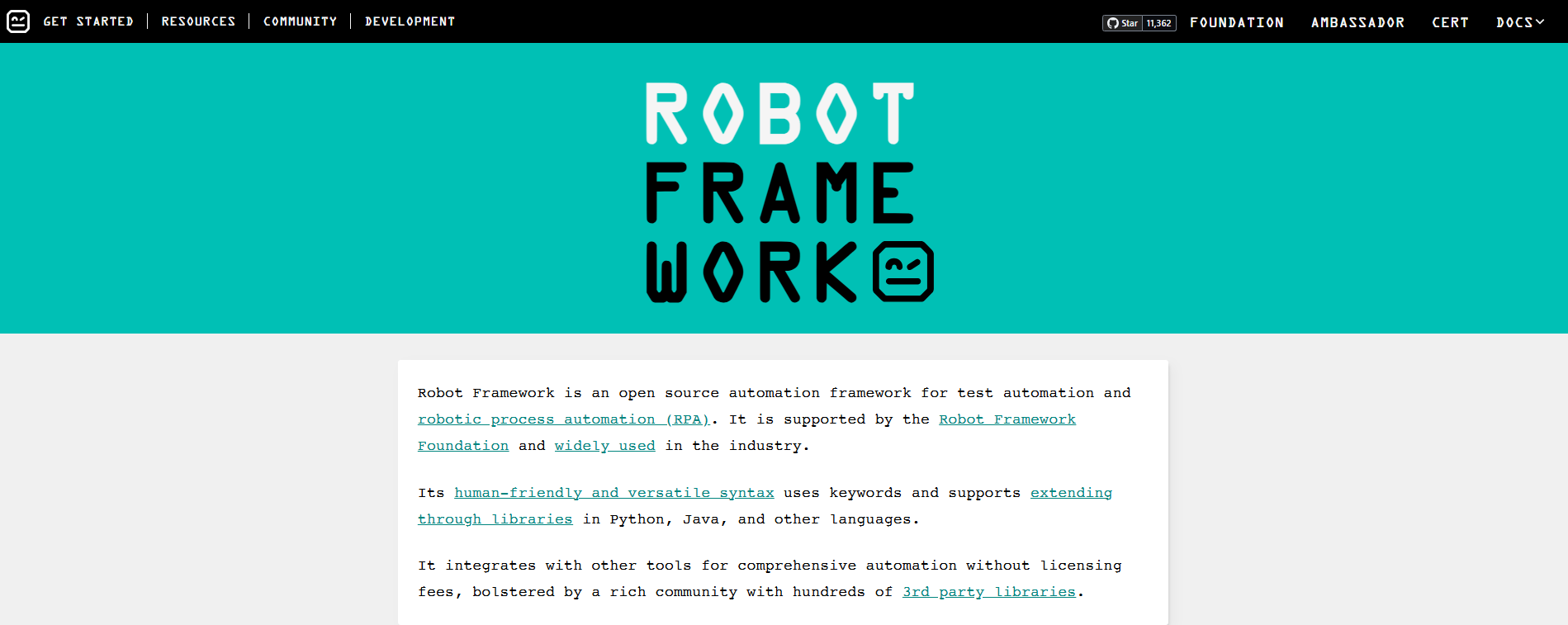 Robot Framework open-source automation framework for RPA and test automation, a developer-friendly best RPA software solution.