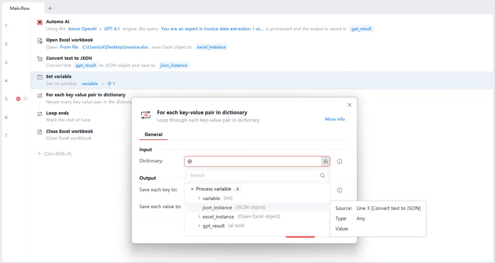 Loop throungh AI extracted invoice data that we saved in json_instance