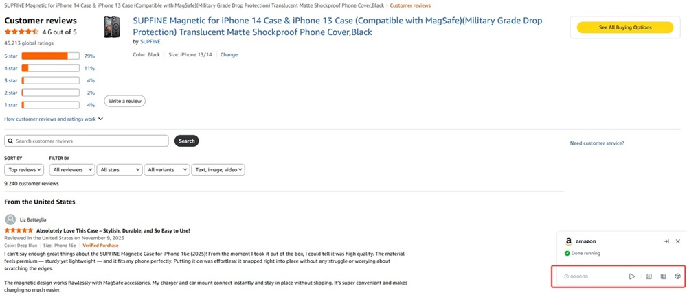 Amazon customer reviews page with Automa timer running in the corner