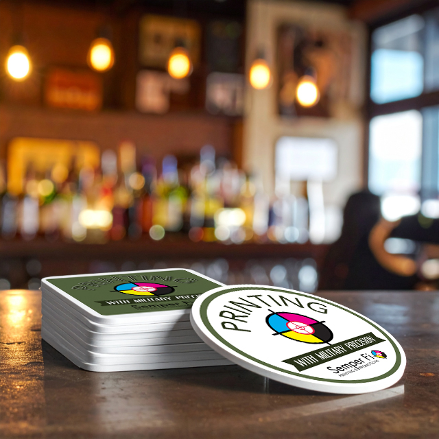 Custom printed coasters by Semper Fi Printing and Promotions
