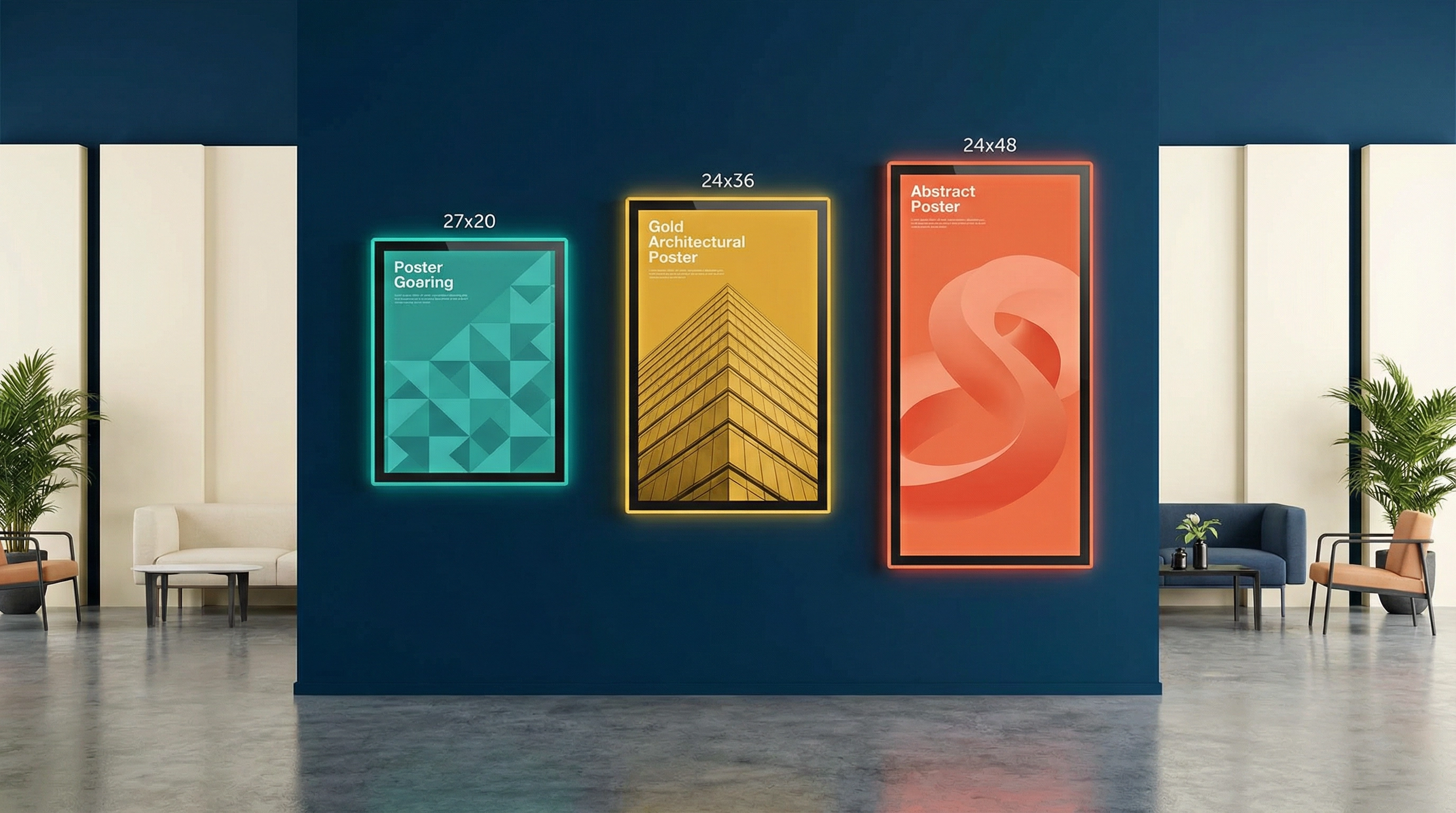 Three different sizes of LED backlit frames on a wall.