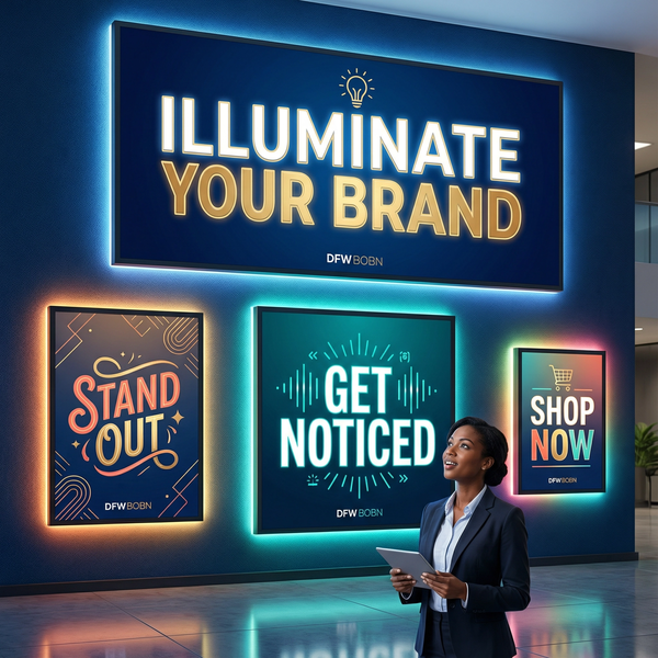 A collection of vibrant, custom-branded LED backlit signs lighting up a modern office space.