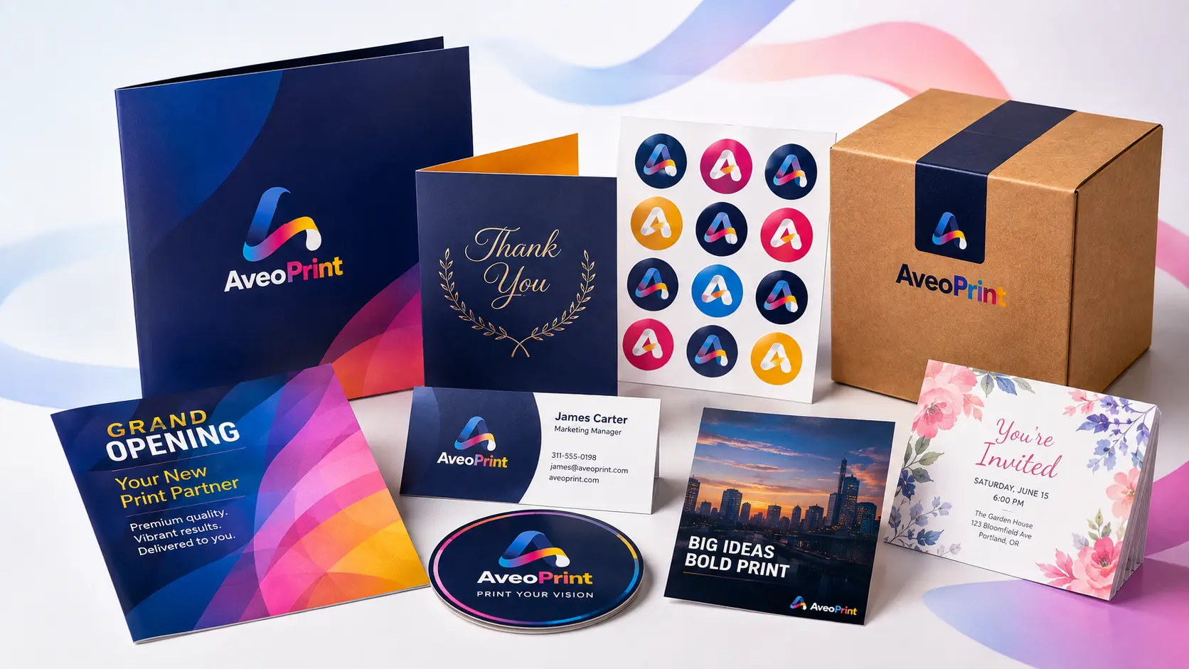 Colorful AveoPrint cards, invitations, stickers and packaging