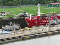 Ship at Miraflores Locks with mule