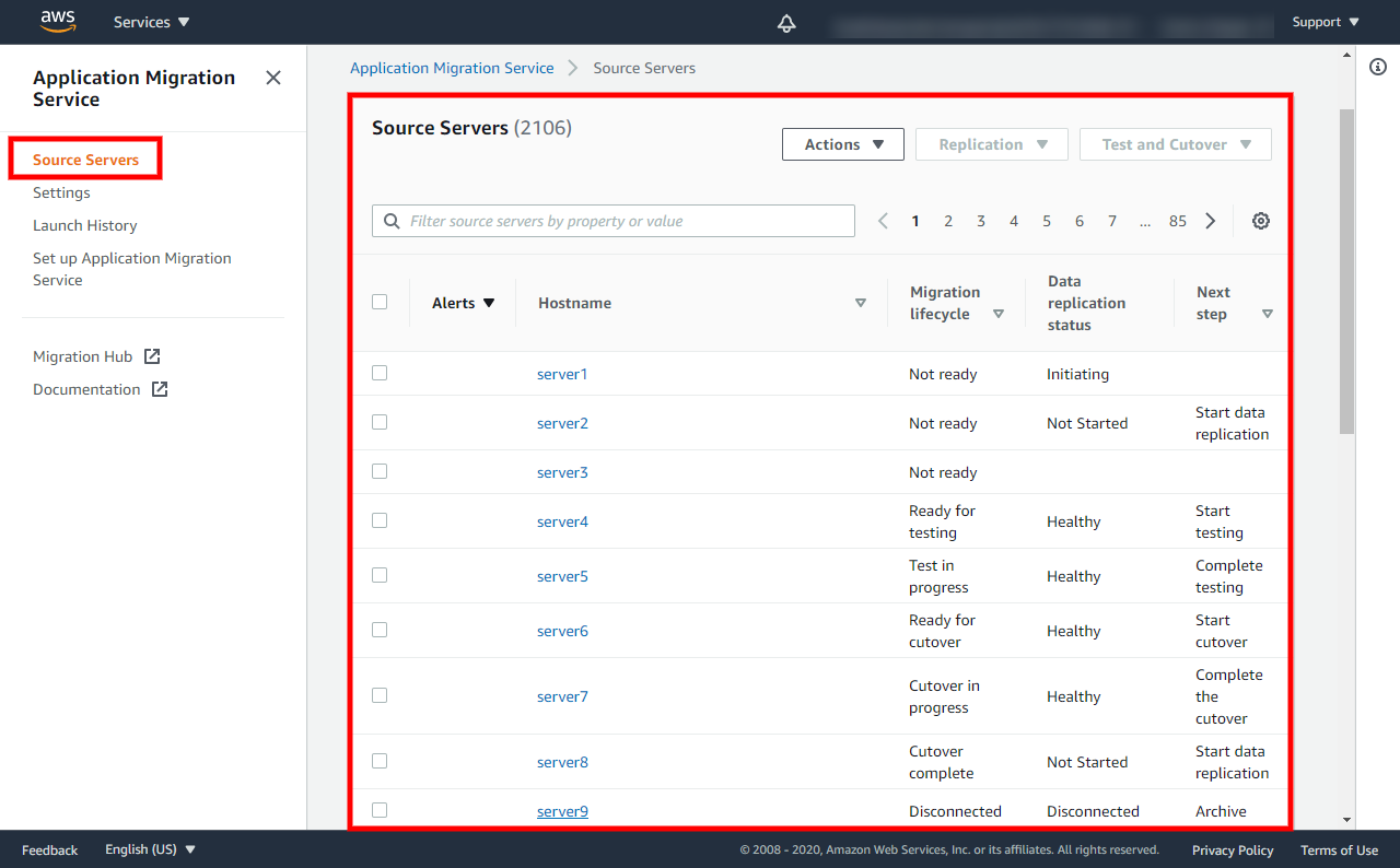 Source Servers page - Application Migration Service