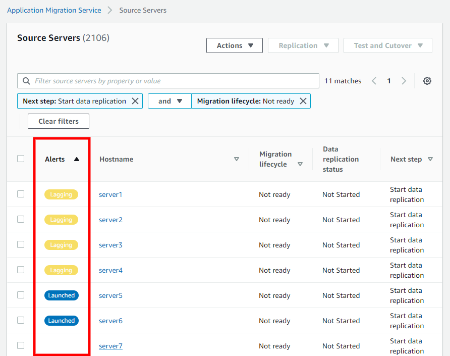 Interracting with the Source servers page - Application Migration Service