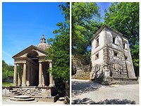 Tempel en scheef huis