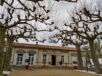 Mairie van Captieux met uitlopende platanen