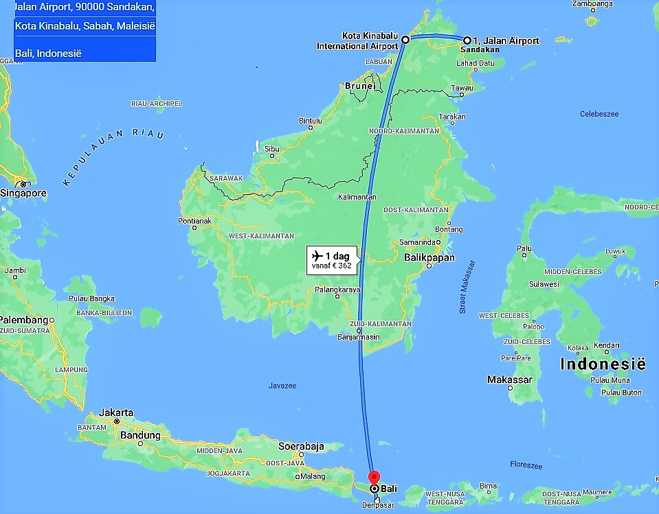 Vlucht Sandakan - Kota KInabalu - Denpasar (Bali)