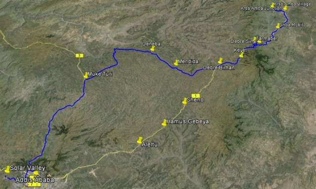 Route CfL 2014: van solar village Arso Amba naar solar valley Addis Ababa