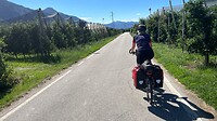 Fietspad door de boomgaarden in het dal van de Adige