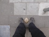 Mijn voeten en bronzen Compostela in Andenne.
