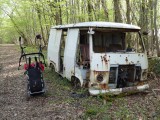 Busje in het bos (let op kogelgaten aan voorzijde!).