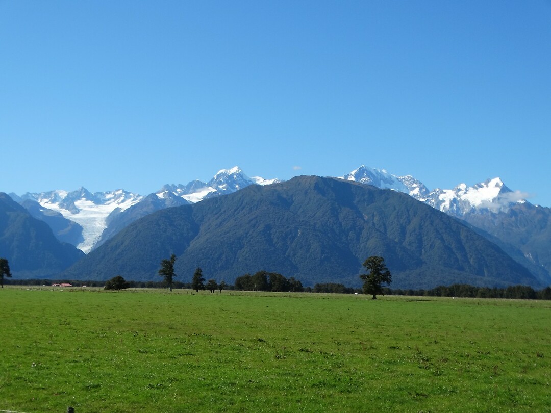59 Top Vieuw. Links de Fox Clasier, de hoogste top links is Mount Tasman en de hoogste rechts is Mount Cook.