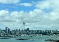 zicht op de Sky Tower vanaf de Harbour Bridge