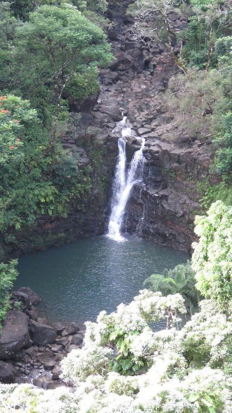 De Puohokamoa falls vanaf de lookout in de Garden of Eden
