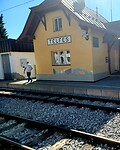Het station. Na vertrek gaat de trein over op enkel spoor.