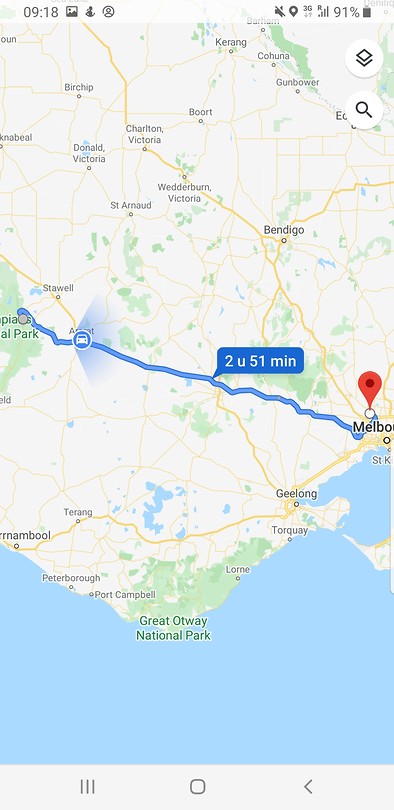 De route van Halls Cap naar Melbourne