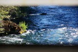 McKenzie River door de jaloezieën in een raam van de brug