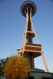 Een van de sculpturen van Garden & Glass en de Space Needle vlak voor zonsondergang